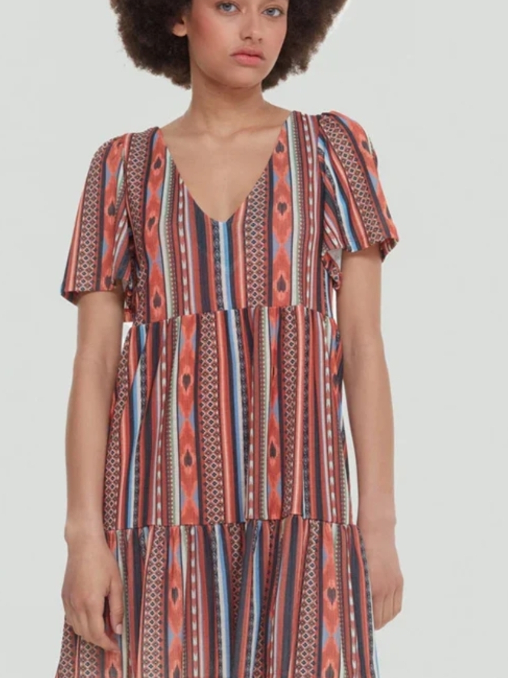 Dex Striped V-Neck Tiered Midi Dress - Rust Multi, XS (Worn 1x) 👗